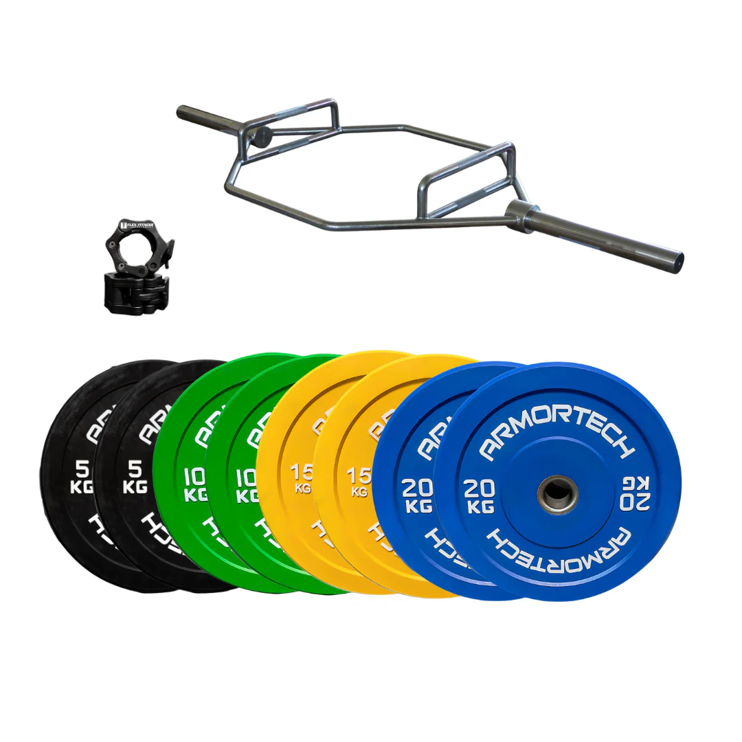125kg Colour Bumper & Hex Trap Barbell Package