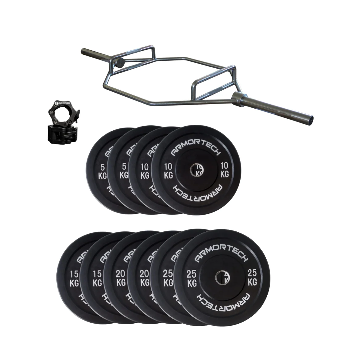 175kg Black Bumper Plate & Hex Trap Barbell Package