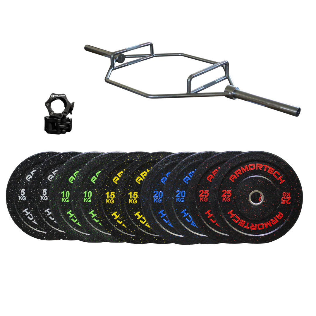 175kg Crumb Bumper & Hex Trap Barbell Package